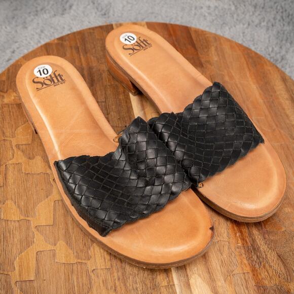 Sofft Ardee Womens Size 10 Black Leather Artisanal Woven Slip On Flat Sandals - Picture 1 of 7